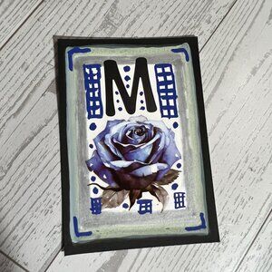 Original ACEO Art Card Blue Rose & M Monogram Mixed Media 2025